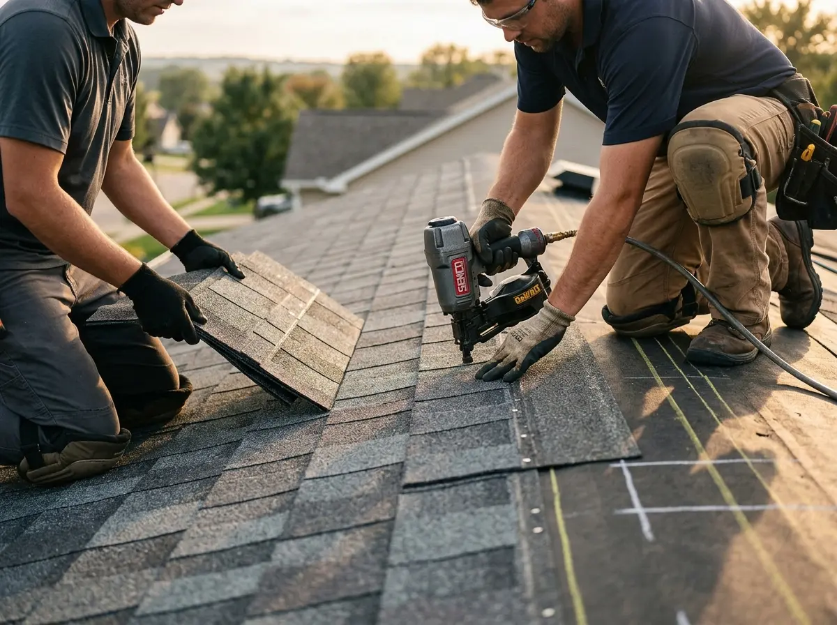 Professional roofer working on a residential roof in Indian Hills